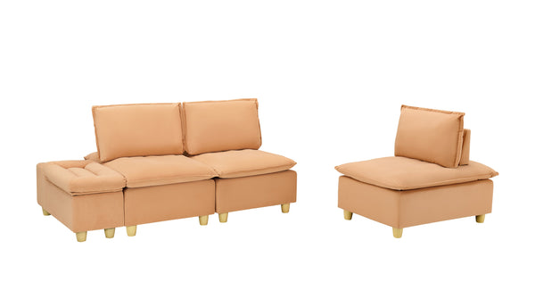 English Elm 104-inch pumpkin flannel three-seater sofa with storage cabinet, cup holders, adjustable backrest, comfy modern design Light Brown W1658S00095