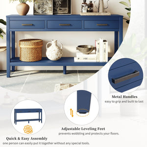 English Elm U_style Farmhouse Console Table with Three Drawers Open Shelf Entryway Organizer Navy Blue N711P410445V
