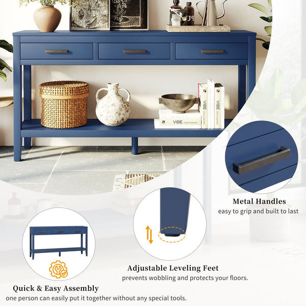 English Elm U_style Farmhouse Console Table with Three Drawers Open Shelf Entryway Organizer Navy Blue N711P410445V
