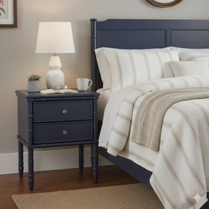 English Elm Emmett carved bamboo nightstand with 2 full‑extension drawers, brass knobs and floor‑protecting glides Dark Blue B050P376941