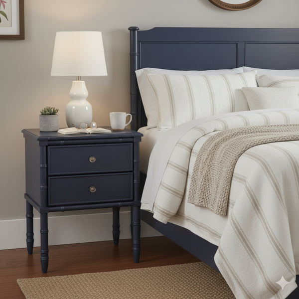 English Elm Emmett carved bamboo nightstand with 2 full‑extension drawers, brass knobs and floor‑protecting glides Dark Blue B050P376941