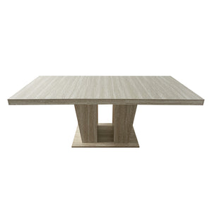 English Elm Rectangular extendable dining table with veined travertine top, beige MDF, sturdy wide feet, 6-10 seats W1347S00018