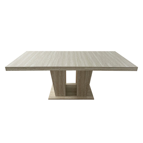 English Elm Rectangular extendable dining table with veined travertine top, beige MDF, sturdy wide feet, 6-10 seats W1347S00018