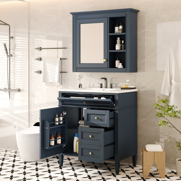 English Elm 30'' Bathroom Vanity Set With Mirror & Storage – Modern Freestanding Design, Ceramic Sink & Drawers SW000127AAC-1