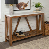 English Elm Walker Edison - Farmhouse A-Frame Faux Marble Entry Table With Lower Shelf - Faux White Marble/Walnut