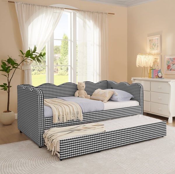 English Elm Cozy Twin Gingham Daybed with Trundle Sofa Bed, Linen Upholstery, USB Port, Wave Frame Design Black W1413S00102