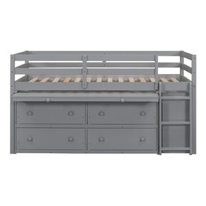 English Elm Twin Loft Bed Pinewood Frame Four Drawers Retractable Study Desk Kids Bedroom Gray LT000368AAE