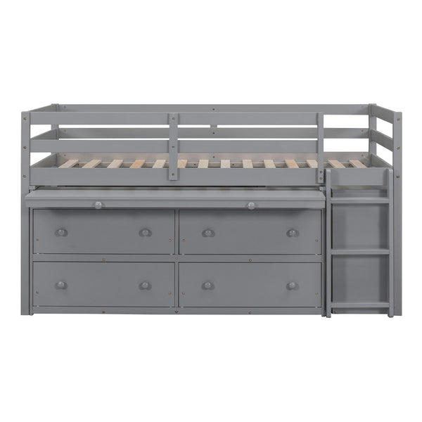 English Elm Twin Loft Bed Pinewood Frame Four Drawers Retractable Study Desk Kids Bedroom Gray LT000368AAE