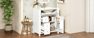 English Elm Bathroom Vanity with Sink French-Inspired 30" Ceramic Basin Vanity Cabinet with Soft-Close Doors & Drawer Organizer White N710P286723K