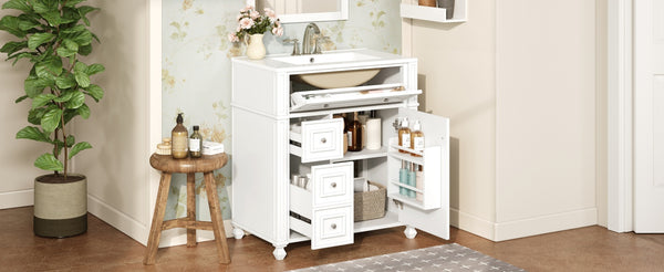 English Elm Bathroom Vanity with Sink French-Inspired 30" Ceramic Basin Vanity Cabinet with Soft-Close Doors & Drawer Organizer White N710P286723K