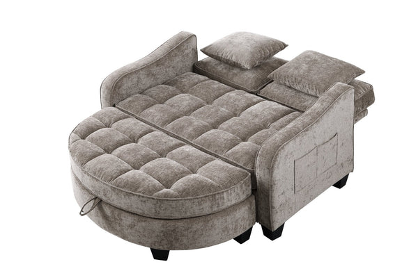 English Elm Two-Seater Chaise Longue Sofa With Irregular Armrests, Storage Footrest & Throw Pillows - Brown W487S00387-GIGA