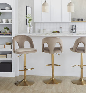 English Elm Adjustable Swivel Barstools Set of 2 White Fabric Padded Seats Chrome Base Taupe B202S01956