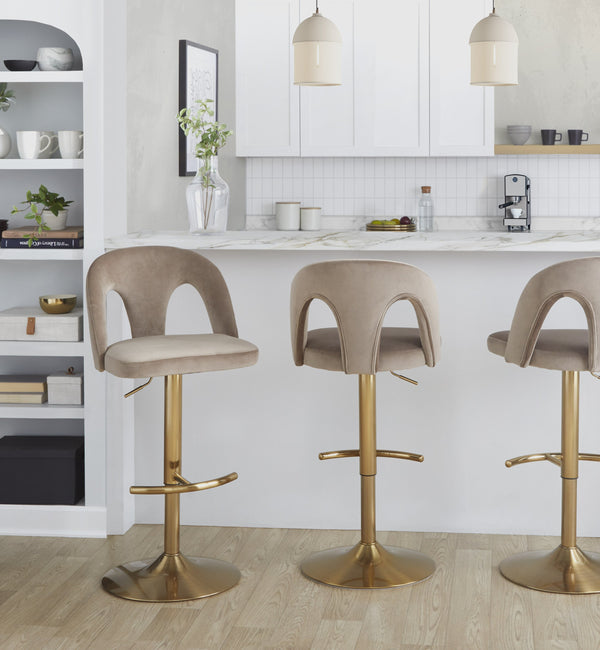 English Elm Adjustable Swivel Barstools Set of 2 White Fabric Padded Seats Chrome Base Taupe B202S01956