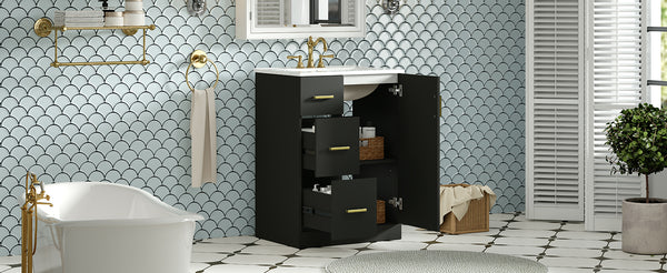English Elm 24" Modern Bathroom Vanity with Under-Mount Sink, Vertical Stripe Design, 2 Drawers & Soft-Close Cabinet Black N710P288936B