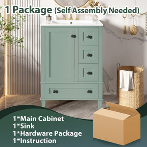 English Elm 24-inch Matte Bathroom Vanity Rubberwood Cabinet with Ceramic Sink and Soft-close Drawers Light Green N729P377516F