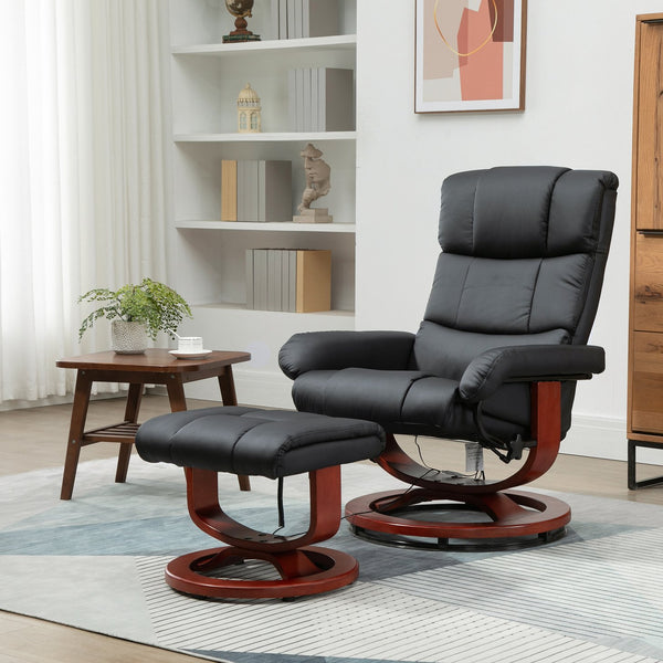 English Elm HOMCOM Manual Swivel Recliner Chair with Footrest and 360° Base, PU Leather, Padded Comfort Black W2225P229611