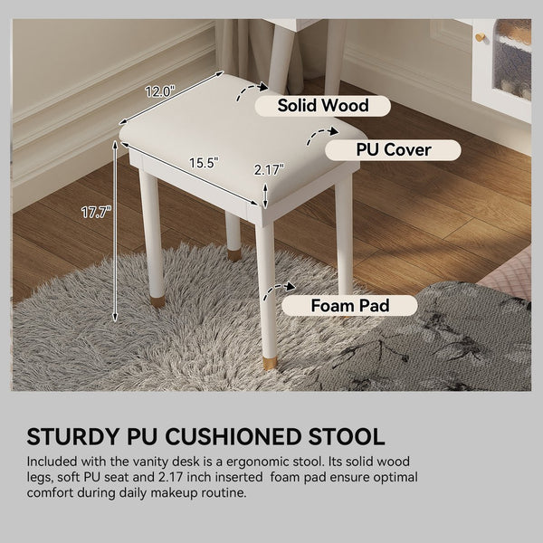 English Elm Elegant Vanity Makeup Table with Charging Station & Carved Glass Door, Sturdy Stool Included White N844P285188A