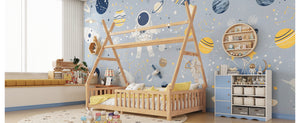 English Elm Twin House Bed with Roof and Guardrails, Low Floor Kids Playhouse Bed with Tent and Lights, Cozy Design Natural 80.91 L x 15.55 W x 6.5 H W2593P296911