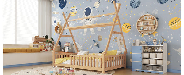 English Elm Twin House Bed with Roof and Guardrails, Low Floor Kids Playhouse Bed with Tent and Lights, Cozy Design Natural 80.91 L x 15.55 W x 6.5 H W2593P296911