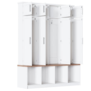 English Elm Farmhouse Hall Tree with Triple Arch Back Panel Eight Hooks Drawers and Entryway Bench White N721S000059K-1