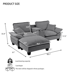 English Elm Modular Cloud Sofa Chenille L-shape with Storage Cup Holders and Usb for Living Room Grey W3163S00110