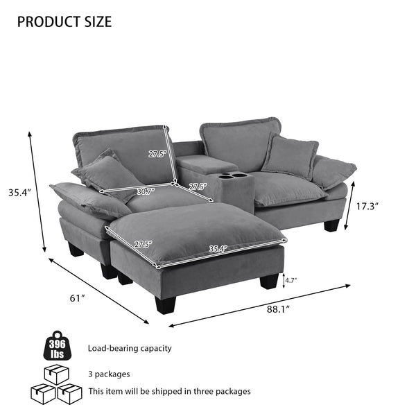 English Elm Modular Cloud Sofa Chenille L-shape with Storage Cup Holders and Usb for Living Room Grey W3163S00110