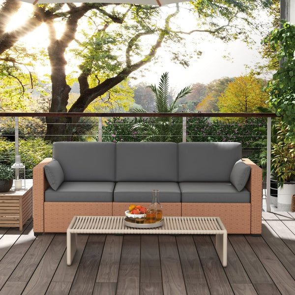 English Elm Outsunny Wicker Patio Couch - Stylish 3-Seat Sofa With Plush Cushions, Steel Frame, Outdoor Comfort W2225P174001-GIGA