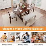 English Elm 6-Piece Dining Table Set, 60Inch To 78Inch Extendable Wood Dining Table With Removable Leaf, Kitchen Table Set With 4 Upholstered Side Chair and Bench, Dining Table Set For 6 (Cherry)