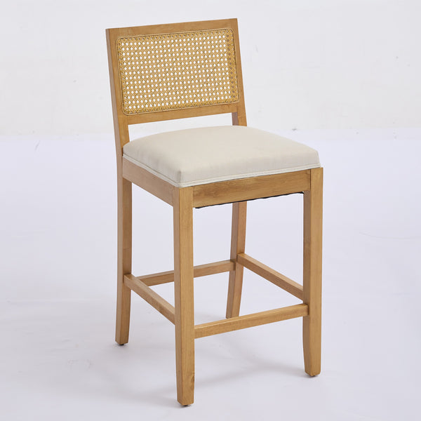 English Elm Full Solid Wood Rattan-Back Bar Stools Set Of 2 - Stylish Beige Cushions For Rustic Kitchen & Café W1143P384367