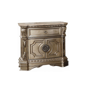 English Elm 1 Drawer And 2 Doors Nightstand With Marble Top - Vintage Antique Silver, Elegant Storage Solution B016P253506