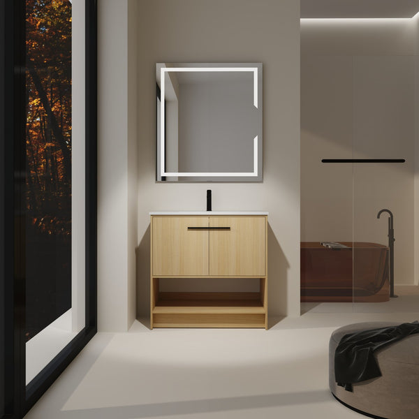 English Elm 36" Modern Bathroom Vanity With Ceramic Sink, Soft Closing Doors & Open Shelf For Stylish Storage W1972S00019
