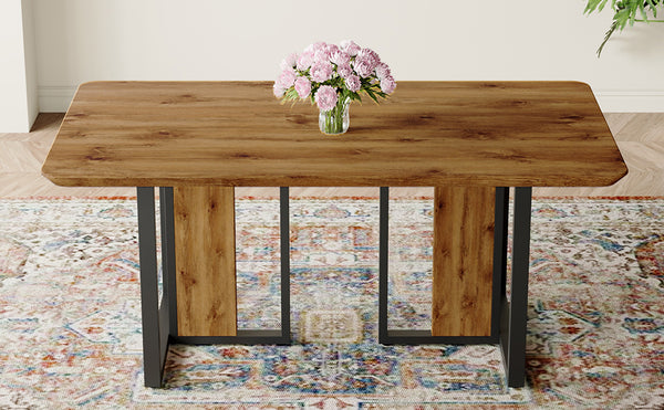 English Elm Modern Industrial Rectangular Dining Table with Wood Grain Top and Black Iron Frame W1151S01884