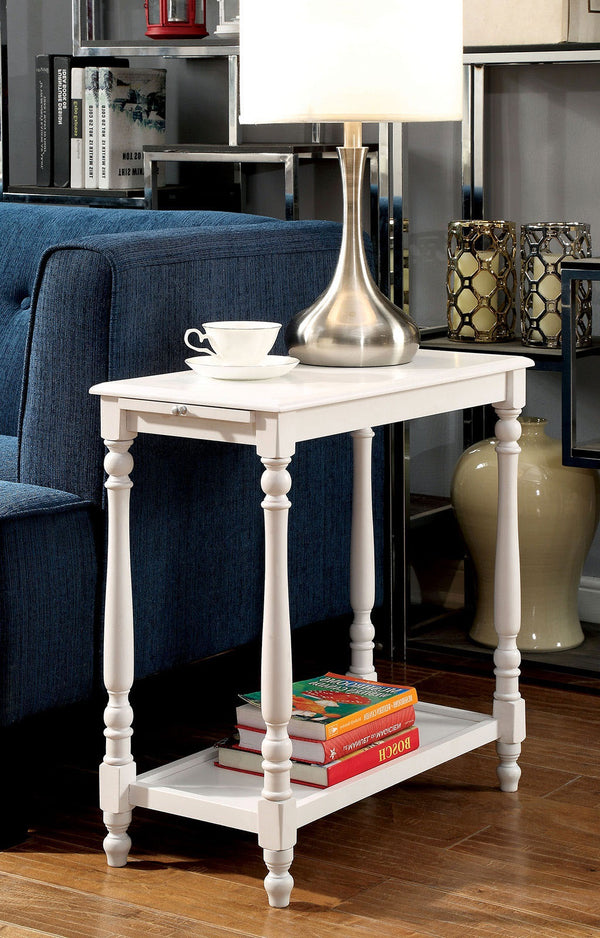 English Elm Transitional White Side Table with Hidden Tray & Open Shelf, Turned Legs, 24¾"W x 23¾"H Accent Piece B2741P341684