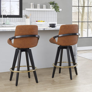 English Elm Fixed-height Swivel Counter Stools with Faux Leather Seats and Chrome Footrest Set of 2 B202S01802
