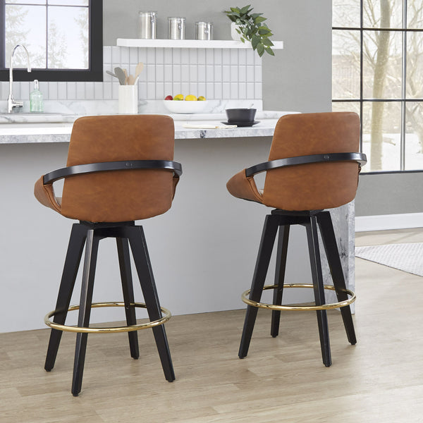 English Elm Fixed-height Swivel Counter Stools with Faux Leather Seats and Chrome Footrest Set of 2 B202S01802
