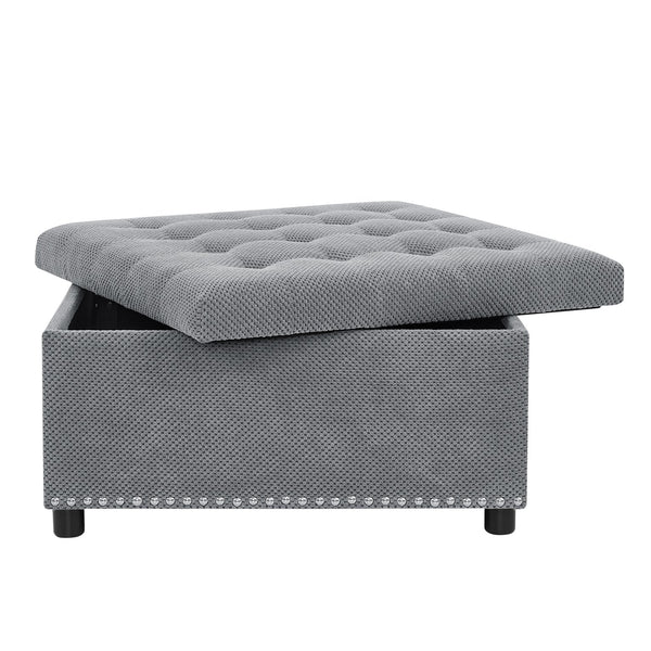 English Elm Storage Ottoman Tufted Nailhead Trim Lift Top Footstool for Living Room or Bedroom Light Gray W5568P447080