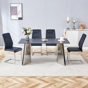 English Elm Table 5-Piece Set: Elegant Black Marble-Patterned Top With Stylish Stainless Steel Legs & Pu Chairs W1151S01959-GIGA