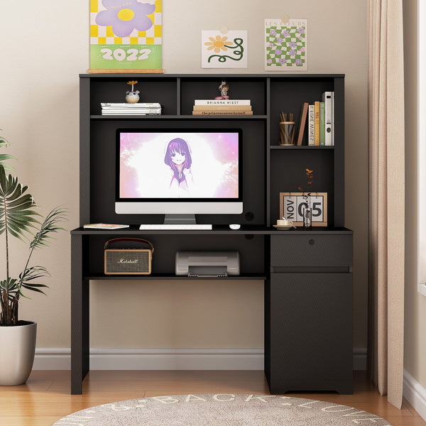 English Elm Computer Desk with Hutch Bookshelf Drawers and Built-in Power Strip for Home Office W1321S00043