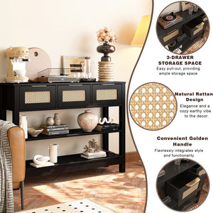 English Elm 43.3" Farmhouse Console Table Rattan Drawer Fronts Open Shelving Entryway Storage Black T3210P426419