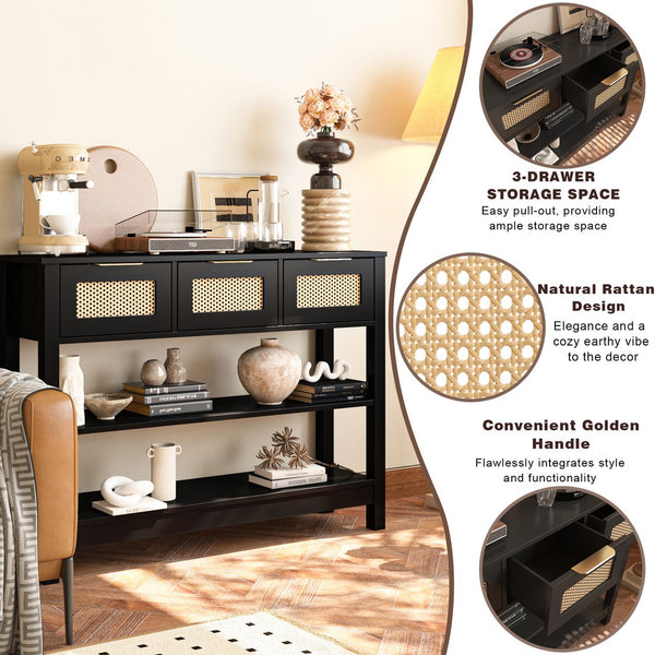 English Elm 43.3" Farmhouse Console Table Rattan Drawer Fronts Open Shelving Entryway Storage Black T3210P426419