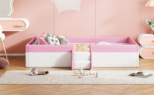 English Elm Twin Upholstered Daybed Frame with Fence & Stairs in Pink+White, PU Comfort, 10 Slats, 300lb Capacity SF000153AAH