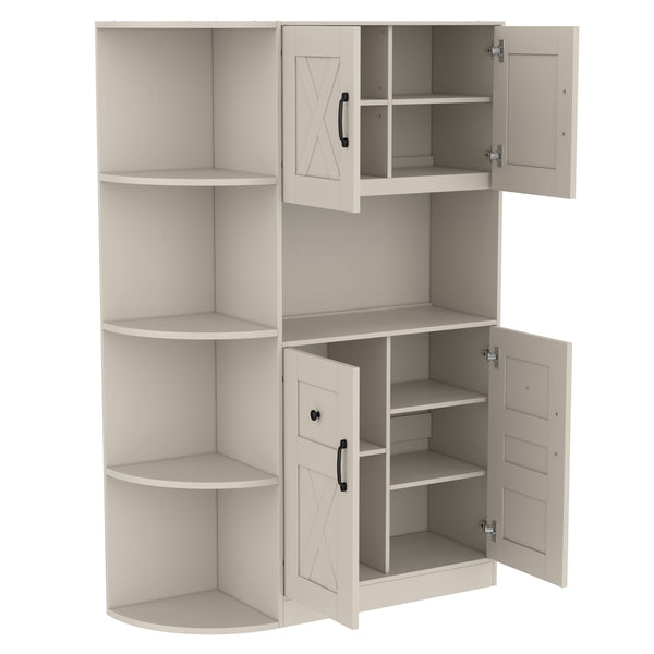 English Elm Multifunctional Modular Hall Tree Cabinet with Open Shelves and Hooks for Entryway Beige W1580S00565