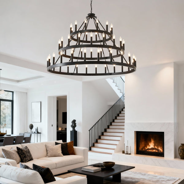 English Elm 53.15 Inch Wagon Wheel Chandelier Matte Black 18 Light Farmhouse Industrial Large Room W5008P389109