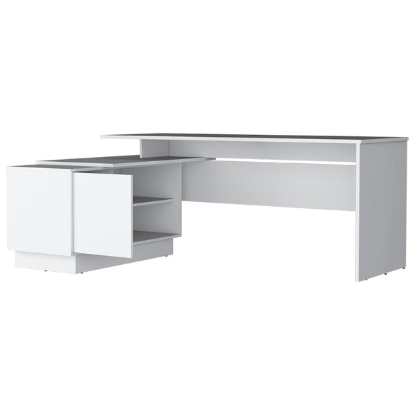 English Elm L-Shaped Desk Farrell White with 65" Work Surface, Integrated Cabinet & Open Shelves for Office Use B092S00266