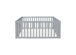 English Elm Twin Floor Bed Solid Rubber Wood with Tall Safety Railings for Toddler Sleep Grey W504P287657