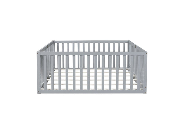 English Elm Twin Floor Bed Solid Rubber Wood with Tall Safety Railings for Toddler Sleep Grey W504P287657