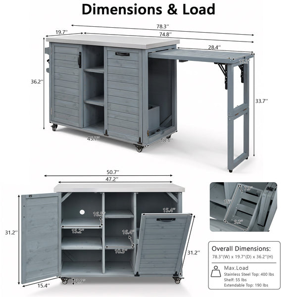 English Elm K&k Outdoor Rolling Kitchen Island Fir Wood Stainless Steel Top with Foldable Prep Station Grey+Blue N707P370276G