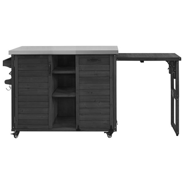 English Elm K&k Outdoor Rolling Kitchen Island Fir Wood Stainless Steel Top with Foldable Prep Station Black N707P370276B
