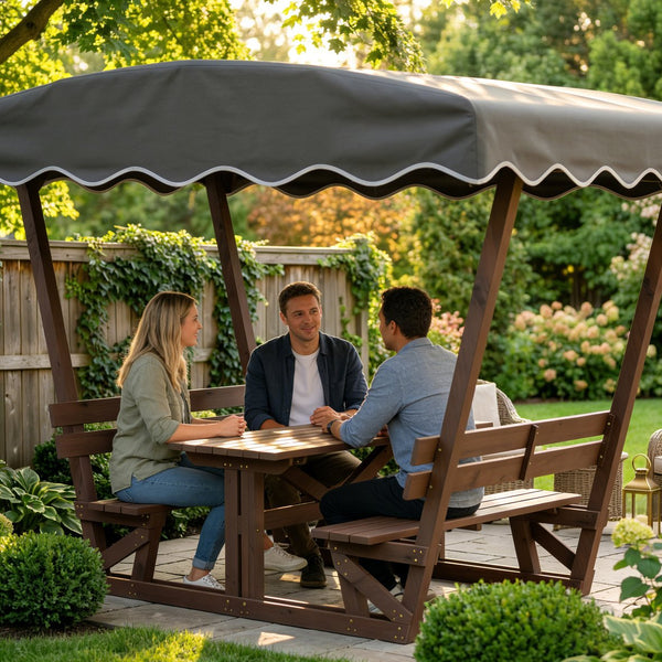 English Elm 5'x3' Wooden Gazebo Patio Shelter with Oxford Canopy Bench Seating and Slatted Table W1422S00075