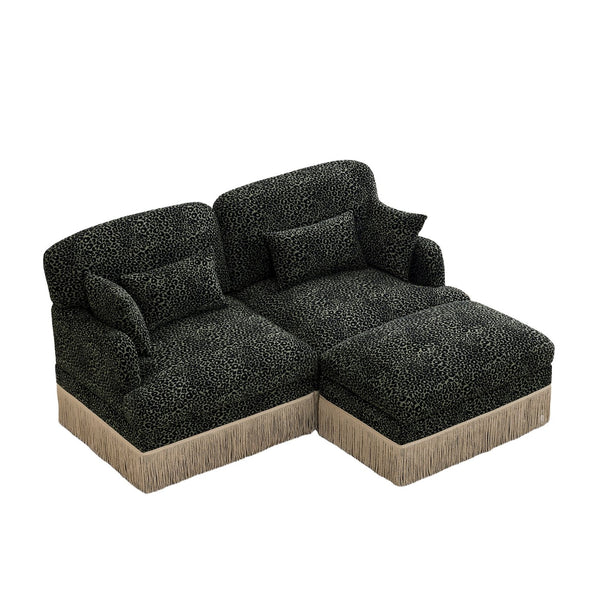 English Elm Comfy Chenille Leopard Print Loveseat with Tassel Trim Movable Ottoman Living Room Green W5656S00029